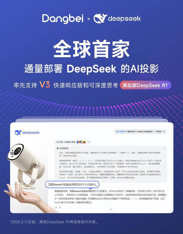 ek加持当贝Smart1智能投影仪更懂你！pg电子模拟器电脑版千元投影仪DeepSe(图1)